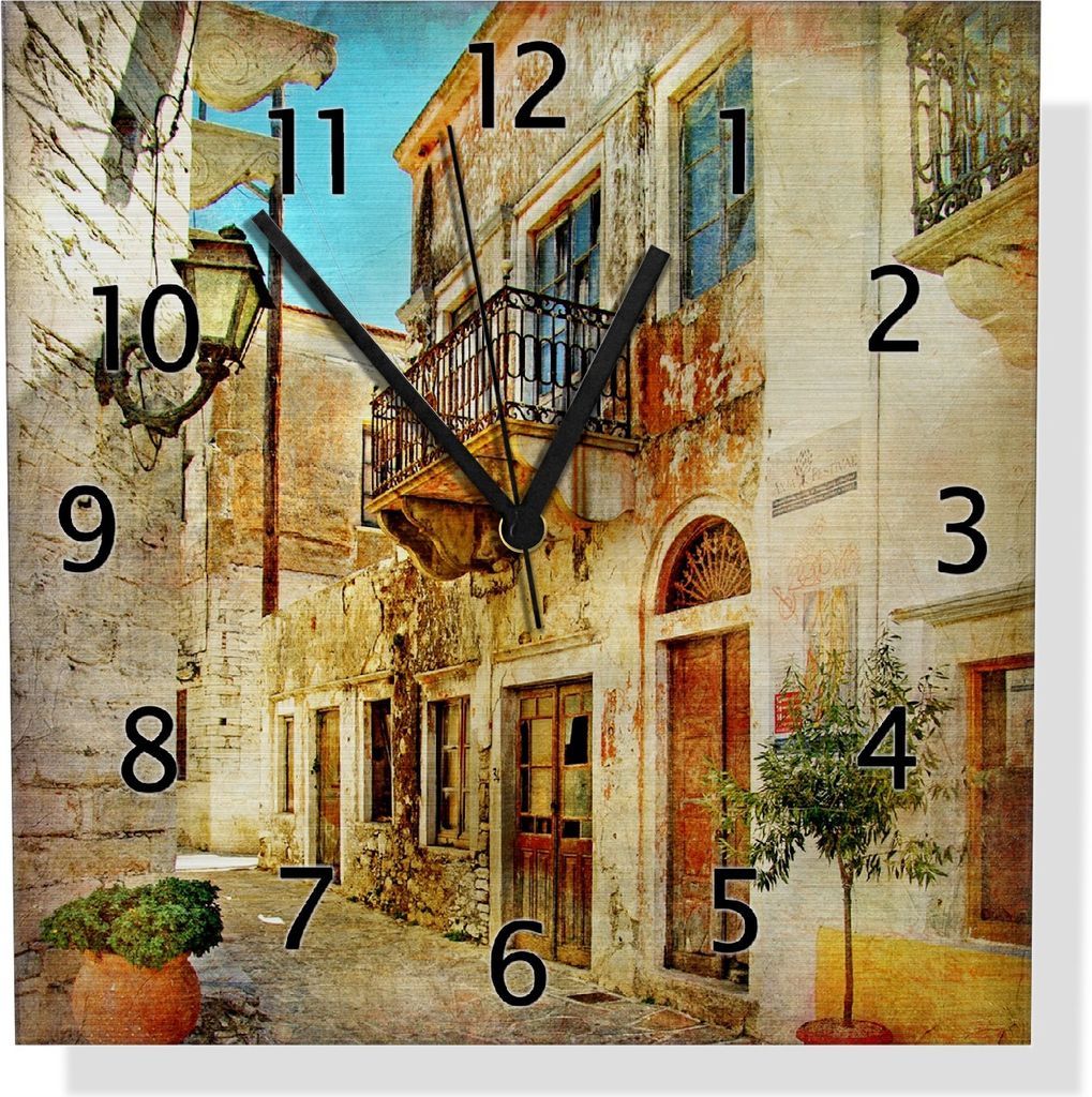Wallario Design Wanduhr Gasse im Süden, Urlaub in Griechenland aus Aluverbund, Größe 30 x 30 cm
