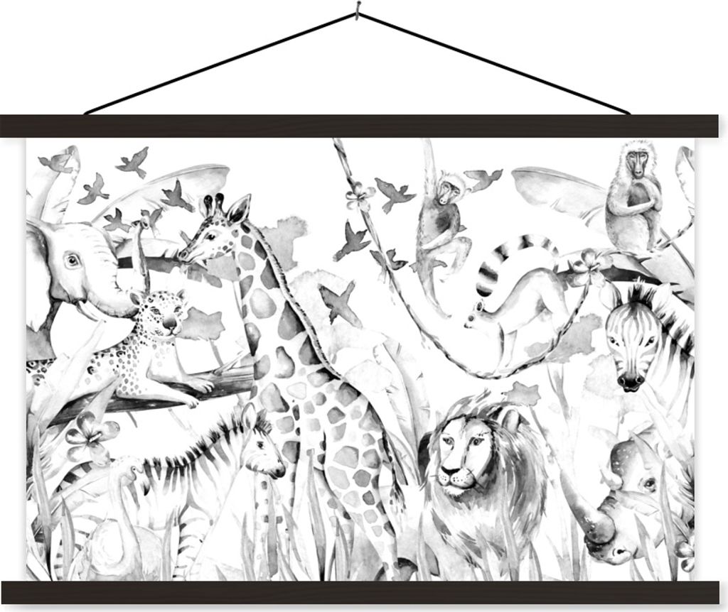 MuchoWow Textilposter Aquarelle - Tiere - Dschungel - Jungen - Mädchen - Kinder - Kinder 60x40 cm mit schwarzem Rahmen - Hölzernes