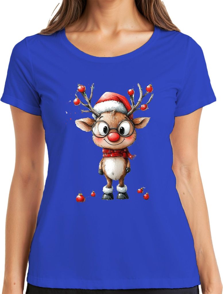 Lustiges Rentier Rudolf mit Brille rote Nase Weihnachten Geschenk Damen T-Shirt, Blau, XXL