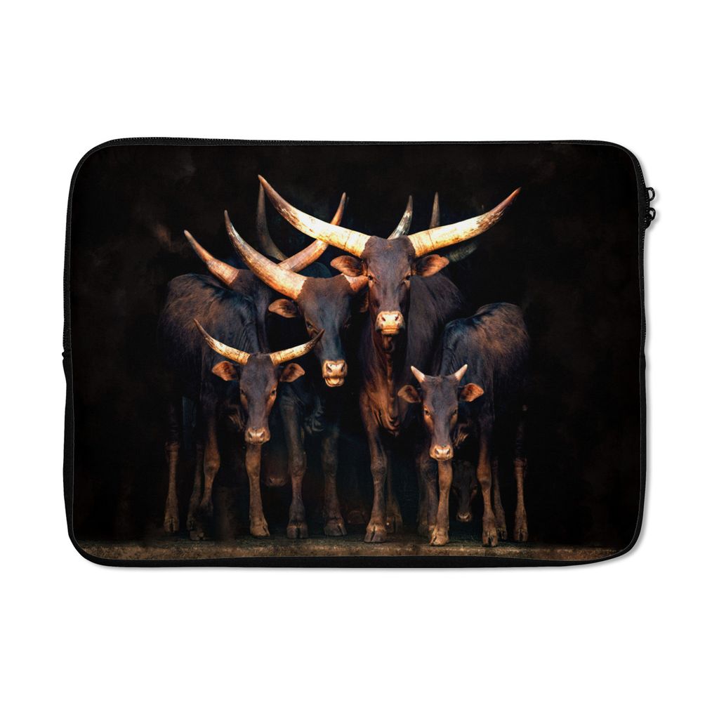 MuchoWow Laptop Hülle 13 Zoll Kuh - Watussie - Stier - Schwarz Laptoptasche - Laptophülle - Sleeve - Rundumschutz
