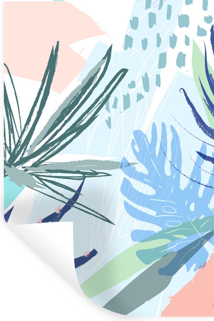 MuchoWow Wandtattoo Wandsticker Wandaufkleber Sommer - Hellblau - Pflanze 60x90 cm Selbstklebend und Repositionierbar - Sticker - Dekorfolie