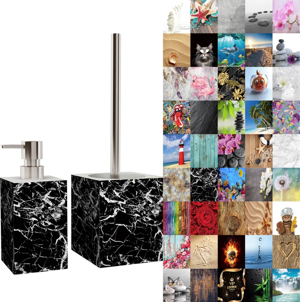 2-teiliges Badezimmer Set Seifenspender und WC-Bürste - Marmor Schwarz