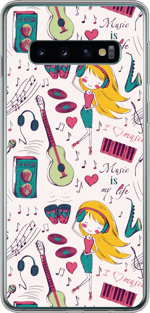 MuchoWow Handyhülle Schutzhülle Hülle für Telefoonhoesje Samsung Galaxy S10 Mädchen - Musik - Kopfhörer - Muster - Mädchen - Rosa - Kinder...