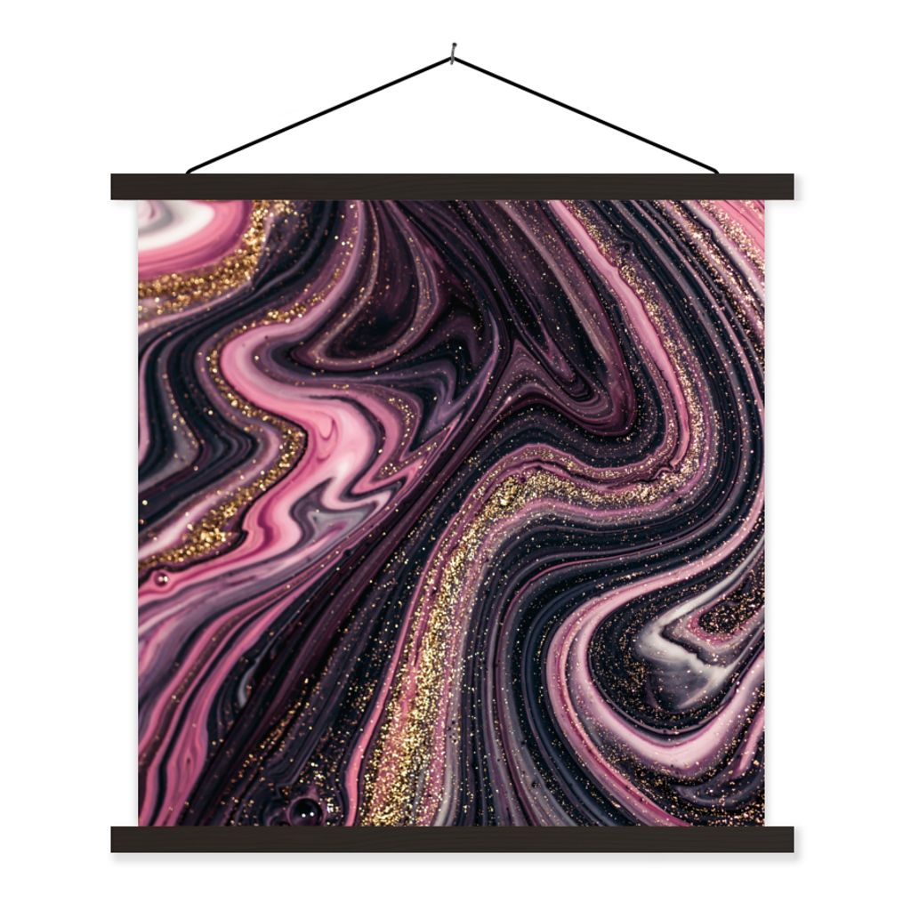 MuchoWow Textilposter Marmoroptik - Rosa - Lila - Gold - Luxus - Marmor 120x120 cm mit schwarzem Rahmen - Aufhängungsset