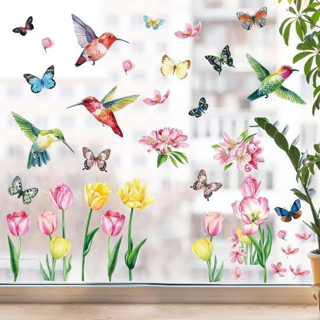 Stickers de fenêtre fleurs printemps été vitrophanie double face lot 9