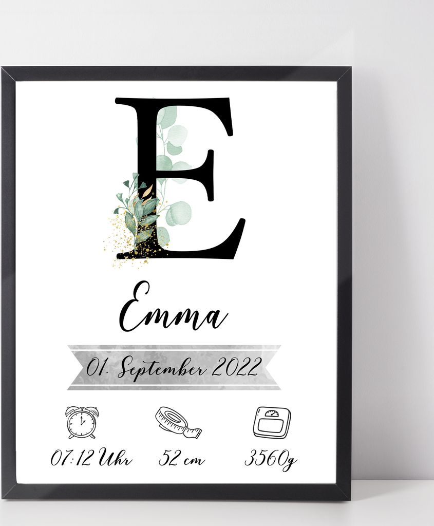 Personalisiertes Geburtsposter Name Uhrzeit Größe Gewicht | Kinderzimmer Babygeschenk | Geburt Baby Poster – A3 (29.7x42cm) / Schwarz / ohne Bi...