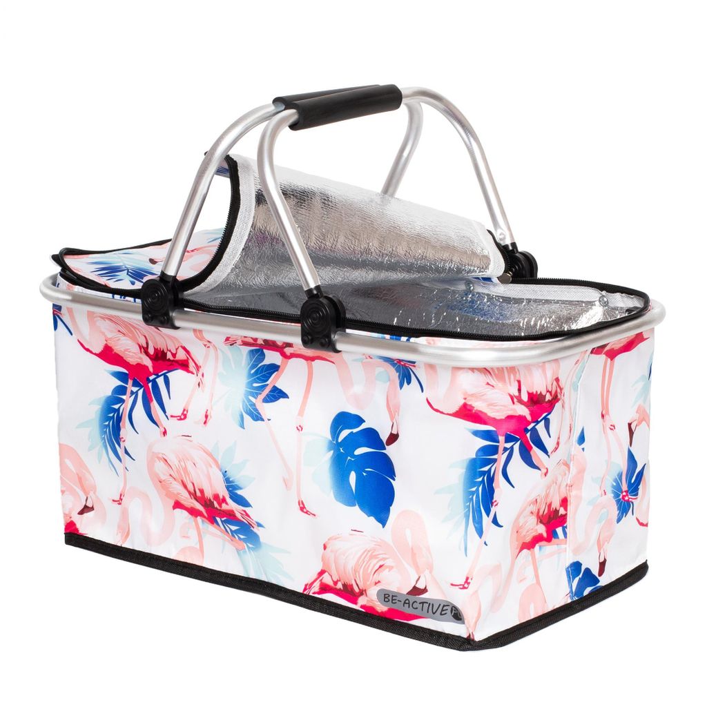 Thermo Picknickkorb Faltbar Großer Isolierkorb als Einkaufskorb & Kühltasche 30L rosa Flamingo