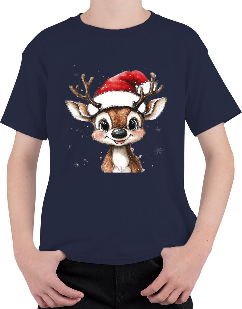Weihnachtsrentier Niedlich Santa Hut Schneeflocken Aquarell süß Uni Kinder T-Shirt, Navy, 104