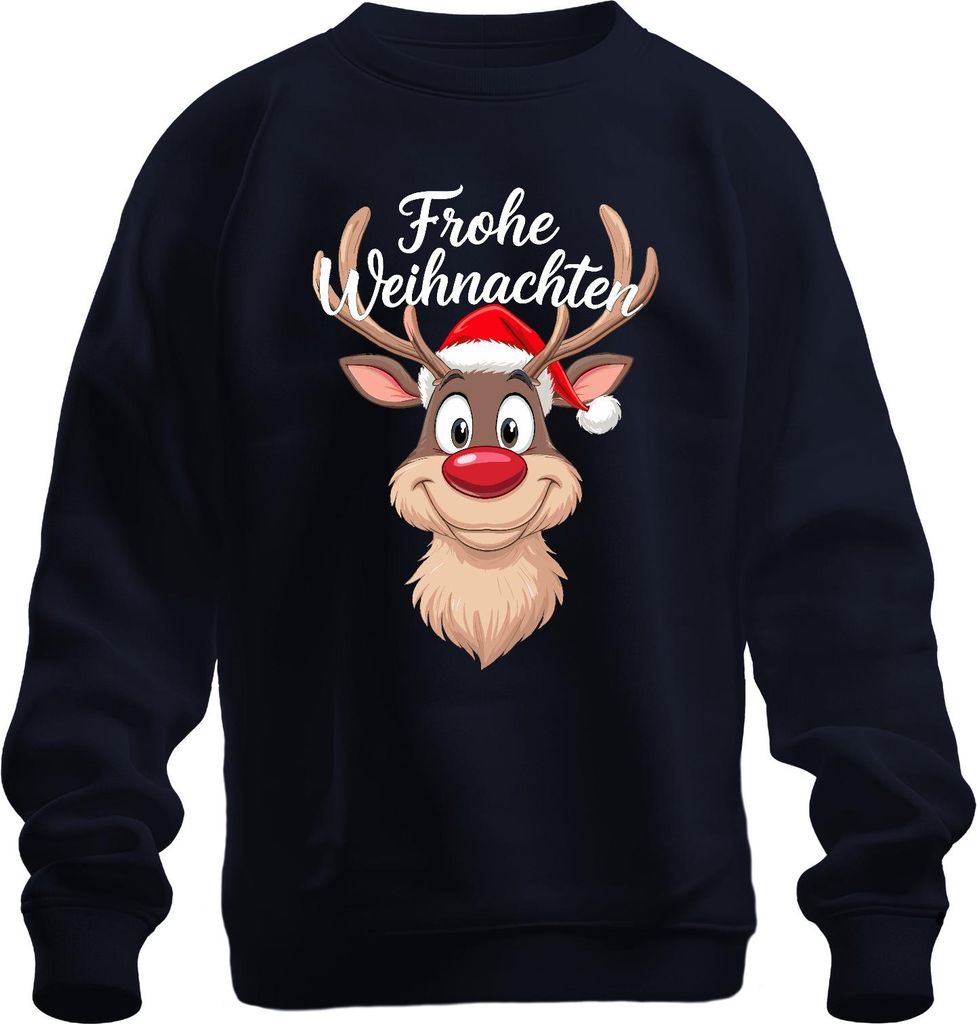 Frohe Weihnachten Rentier Rudolf Weihnachtsmütze Lustig Cartoon Uni Sweatshirt Pullover, Navy, L