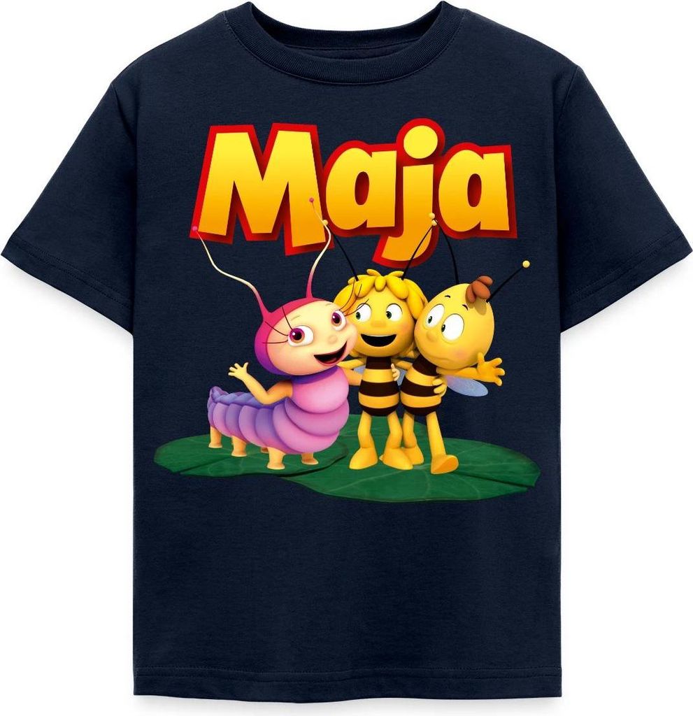 Spreadshirt Biene Maja mit Willi und Raupe Ulla Kinder T-Shirt, 98/104 (3-4 Jahre), Navy