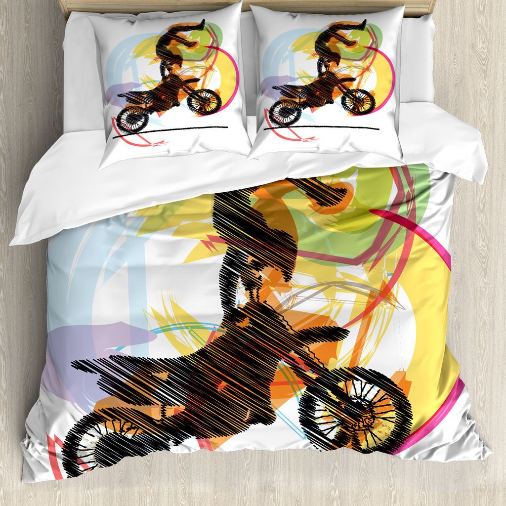 ABAKUHAUS Motorrad Bettbezug, Darstellende Biker, Milbensicher Allergiker geeignet mit Kissenbezügen, 155 cm x 220 cm - 80 x 80 cm, Schwarz Gelb