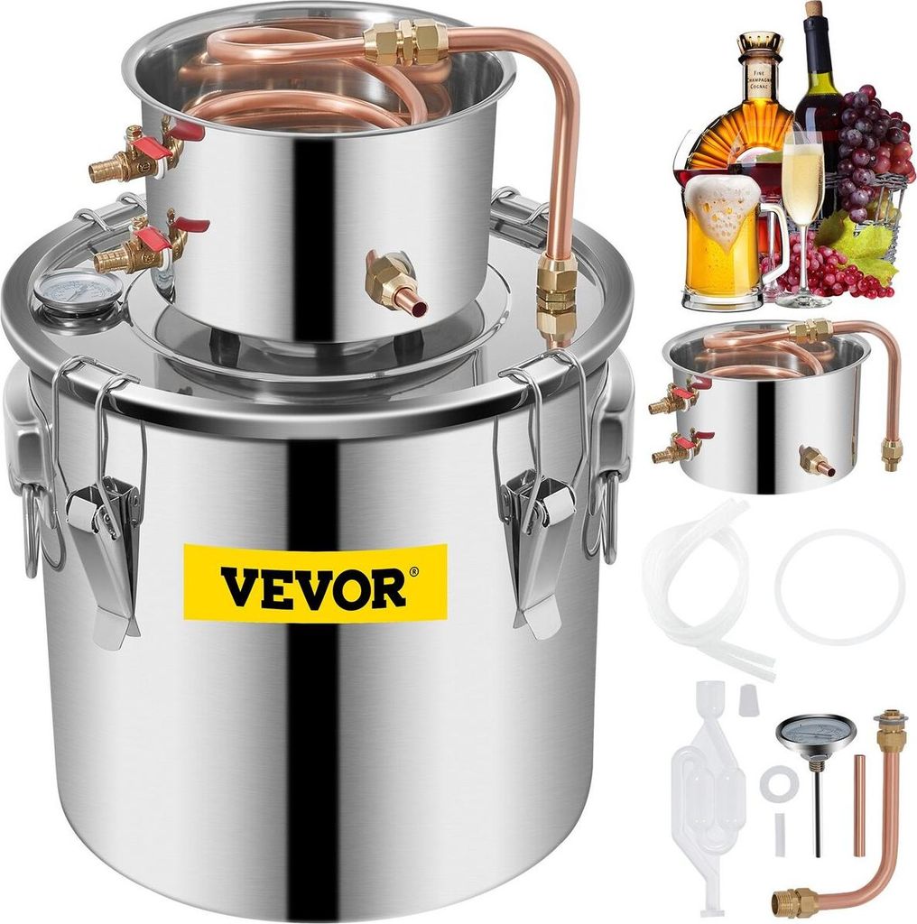 Moonshine Still Distiller 5Gal 21L Stainless Steel Water Distiller Copper Tube Home Brewing Kit Build-in Thermometer