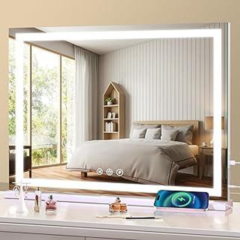 halumao Schminkspiegel mit Beleuchtung, 58 x 48 cm Hollywood schminktisch Spiegel mit Beleuchtung, 3 Modi Dimmbar Tischspiegel mit Touch-Schalter