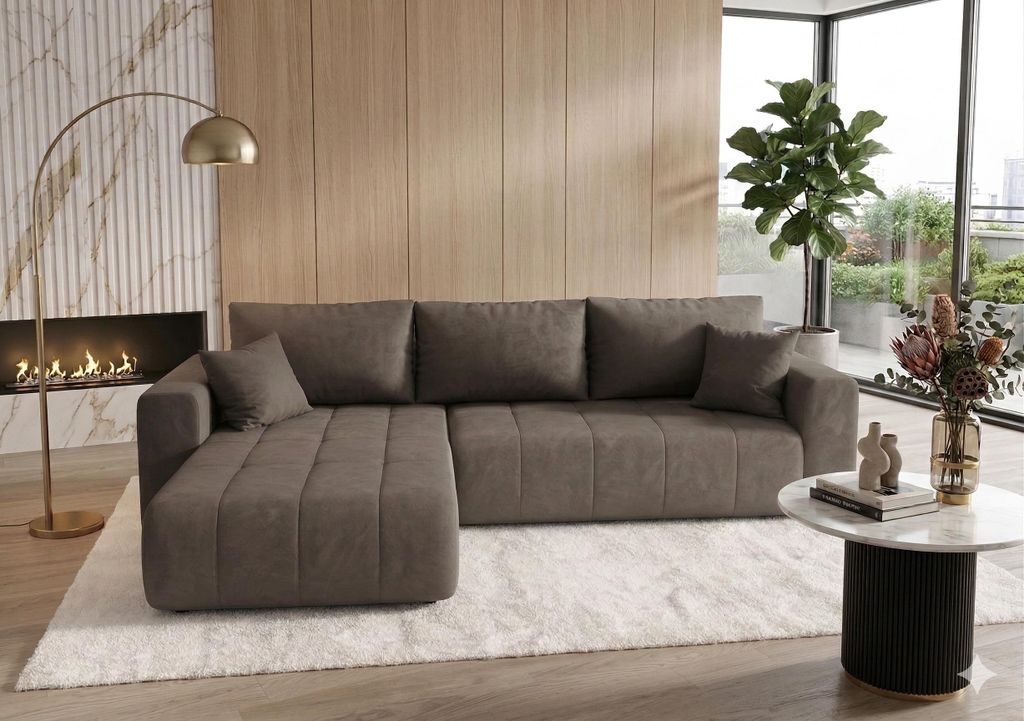 Ecksofa LARA mit Schlaffunktion und Bettkasten Couch Sofa L-Form Eckcouch Sofa mit Schlaffunktion Braun Ottomane links