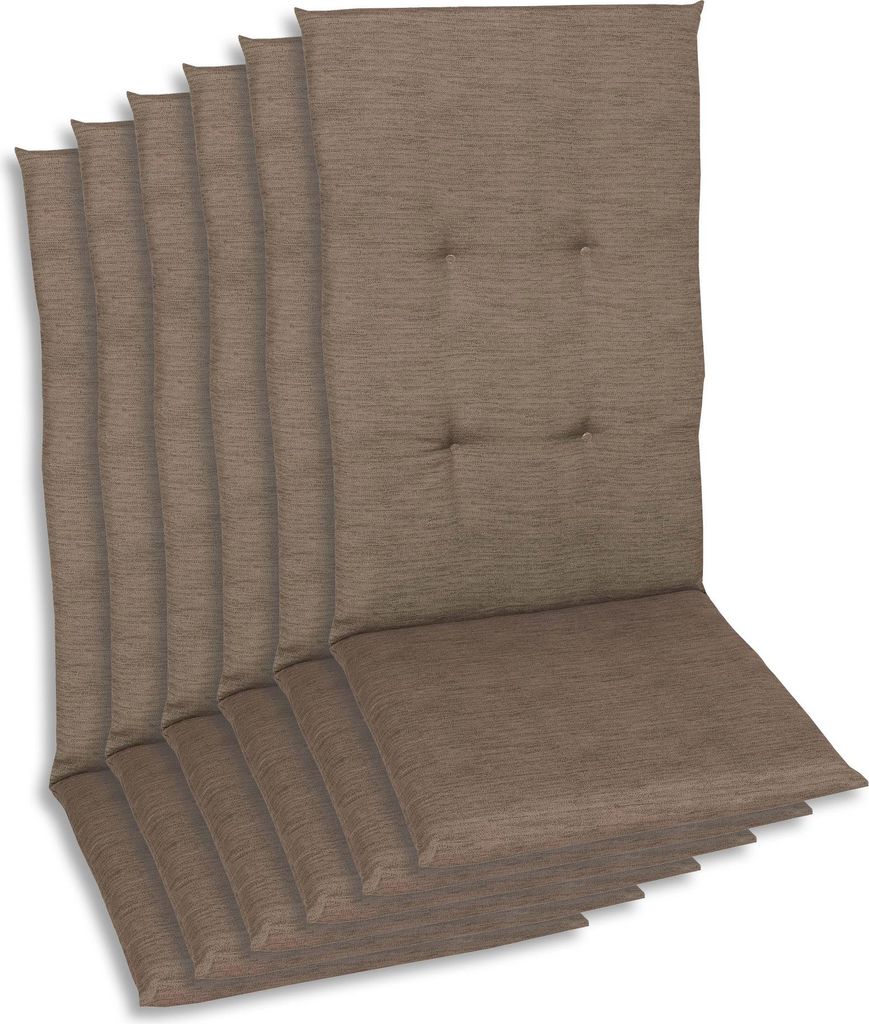 A stack of six brown chair cushions.