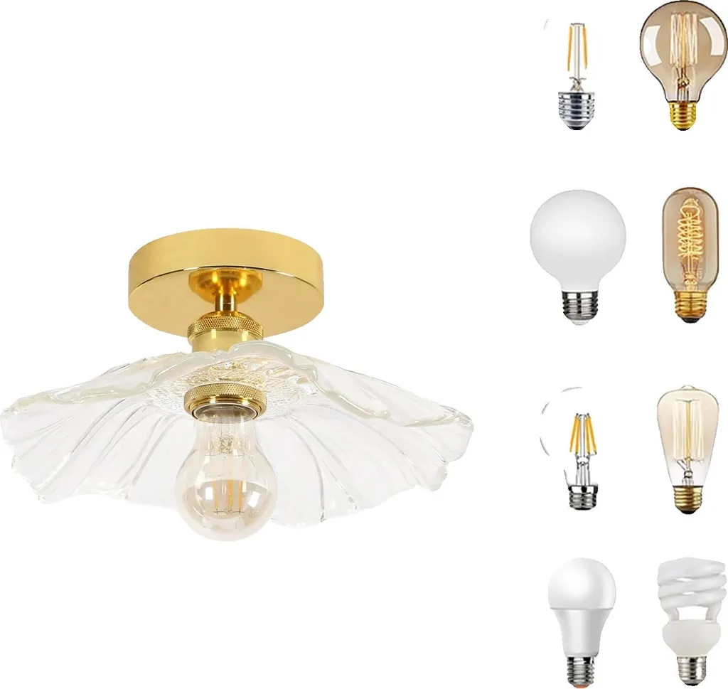 Plafonnier Vintage Verre et Or E27 pour Éclairage Chic de Couloir