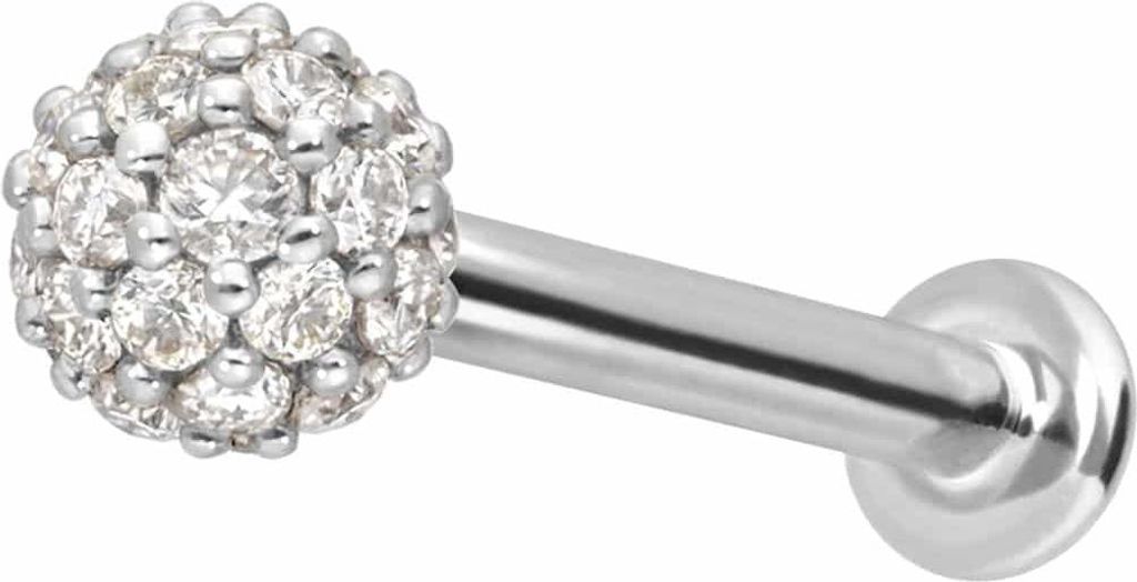 Ohrpiercing, Nasenpiercing 14 Karat Gold Labret mit Push Fit MULTI-MOISSANIT WeißGold Stablänge: 9mm | Stabstärke: 1,2mm | Kristallgröße: 3mm