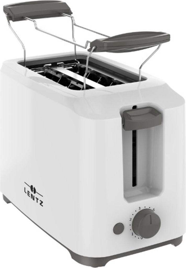 A white toaster with gray accents, shown from a three-quarter front angle on a white background.
