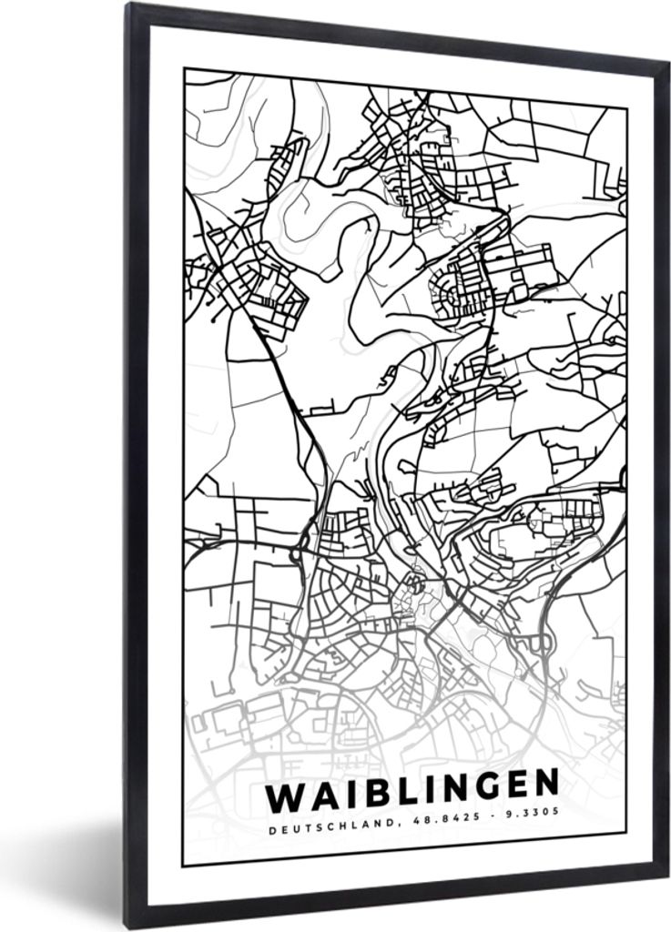 MuchoWow Gerahmtes Poster Karte - Stadtplan - Waiblingen - Karte 60x90 cm - Poster mit Schwarzem Bilderrahmen Wandposter Rahmen Foto Bilder - Kunst
