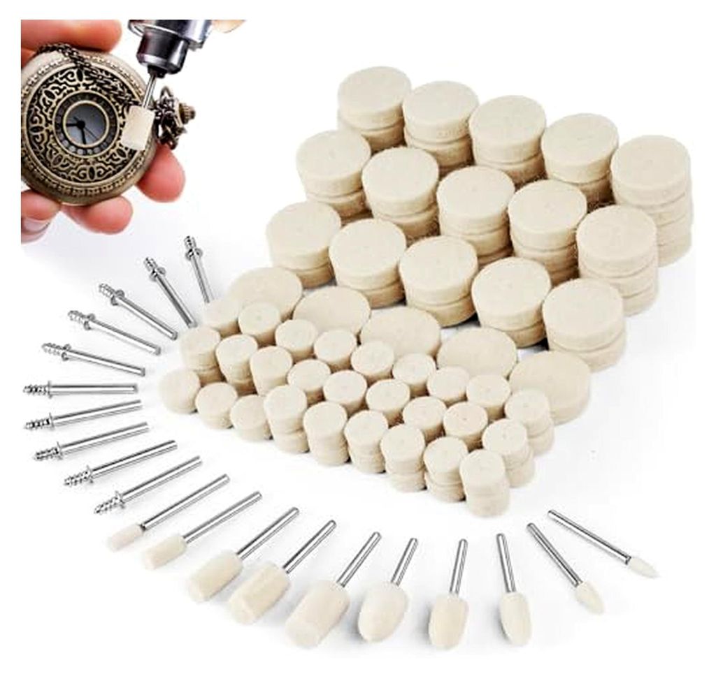Set mit 120 Wollfilz Polierscheiben, 4 verschiedene Formen, Wollfilz Polierset mit 1/8" Aufsatz für Uhren, Schmuck, Metall und Glas