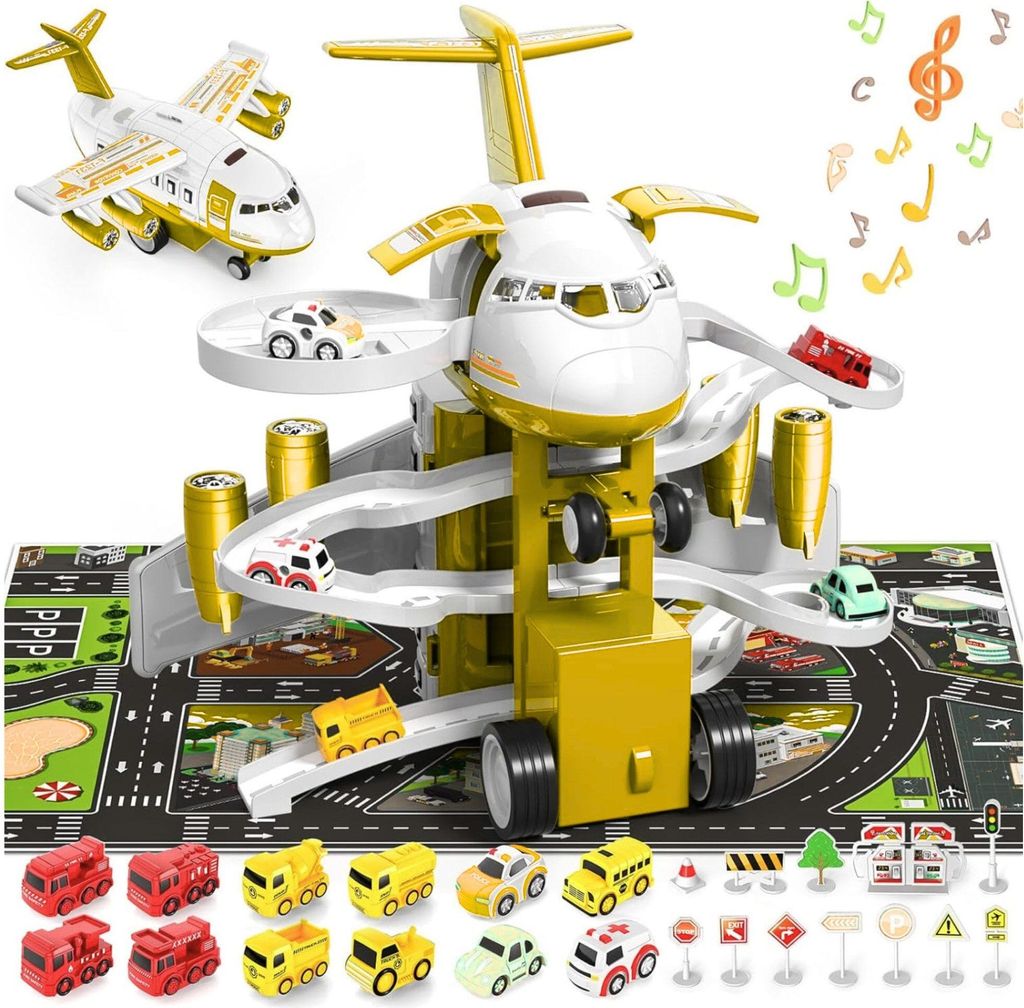 Spielzeug-Flugzeug mit 12 Stadtautos & Rennstrecke Rennbahn Auto Spielzeug für Kinder (bestes Geschenk für Kinder über Jahre, Fahrzeuge Spielzeu...