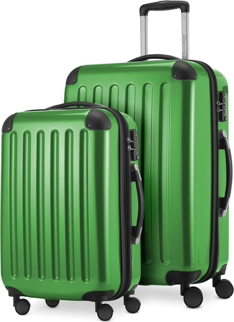 Alex - 2er Set Handgepäck + Mittelgroßer Koffer, Kofferset Resekofffer Trolleys Hartschale Polycarbonat glänzend,Grün
