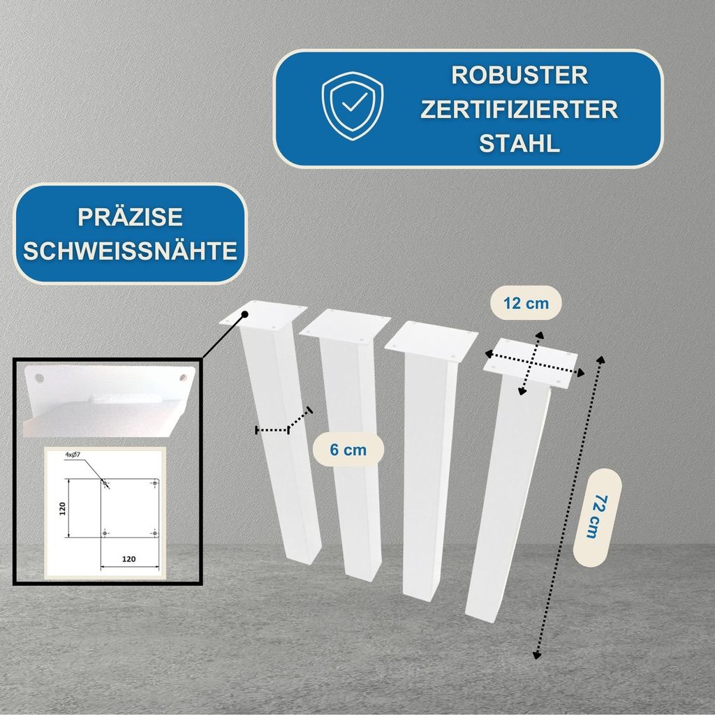 4x nohy stolu kovové jídelní stůl výška 72 cm bílý 60 mm Obrázek produktu 