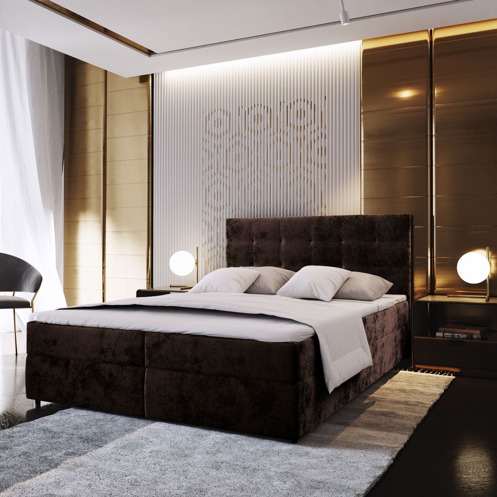 Masseno Boxspringbett GLOS K 160x200 cm Komplett-Set mit Bonell Matratze und Topper, Polsterbett mit Bettkästen -Braun, KRONOS 06