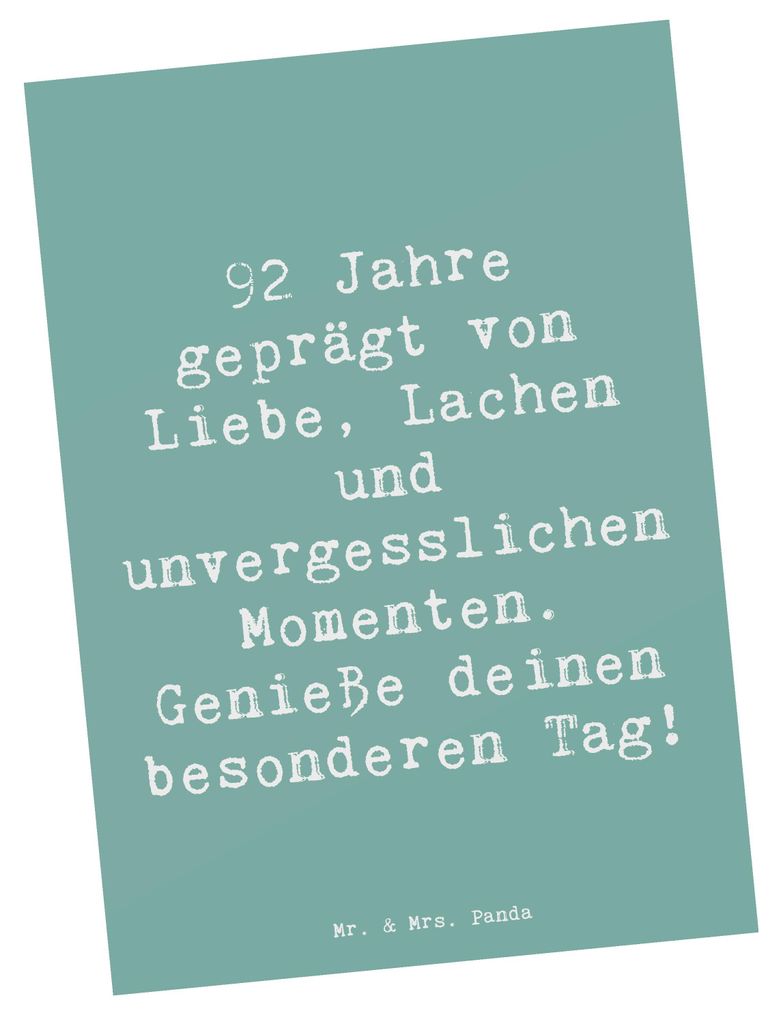 Mr. & Mrs. Panda Postkarte Spruch 92. Geburtstag - Meeresbrise - Geschenk, Lebensweise, Alter, Geschenkideen, Glückwunsch, Happy Birthday, Fotokar...
