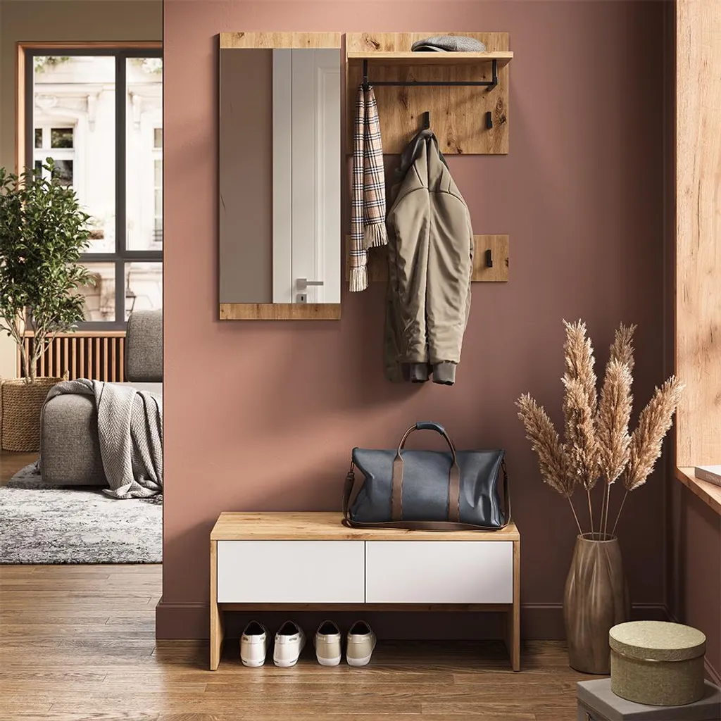 Vestiaire Vicco Selena design 4 parties blanc et bois artisan 90x40cm