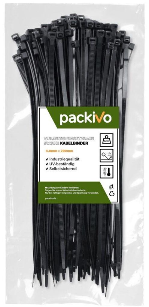 PACKIVO Kabelbinder, Schwarz - 200mm x 4,8mm, 100
