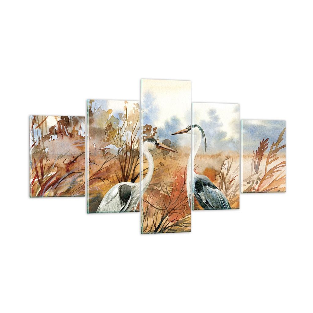 Bilder auf glas - 5 Teile - Kraniche Vögel Herbst - 125x70cm - Glasbilder - Wandbilder - Bilder - zum Aufhängen bereit - Wanddekoration aus Glas ...