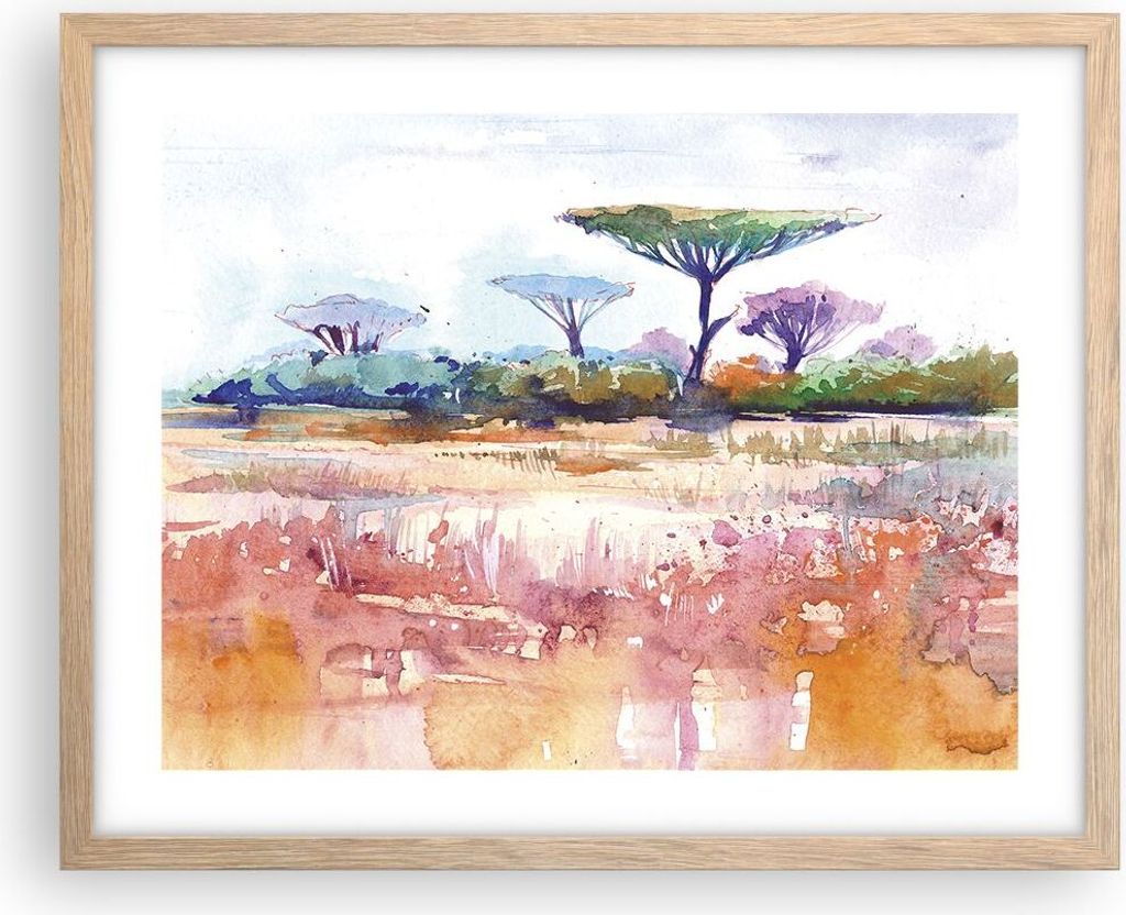 Gerahmtes Poster - Rahmen in heller Eiche - Aquarell Savanne Bäume - 50x40 cm - Wand Bild - Wanddeko - Wandbilder - Kunstposter - Wandposter - Bil...