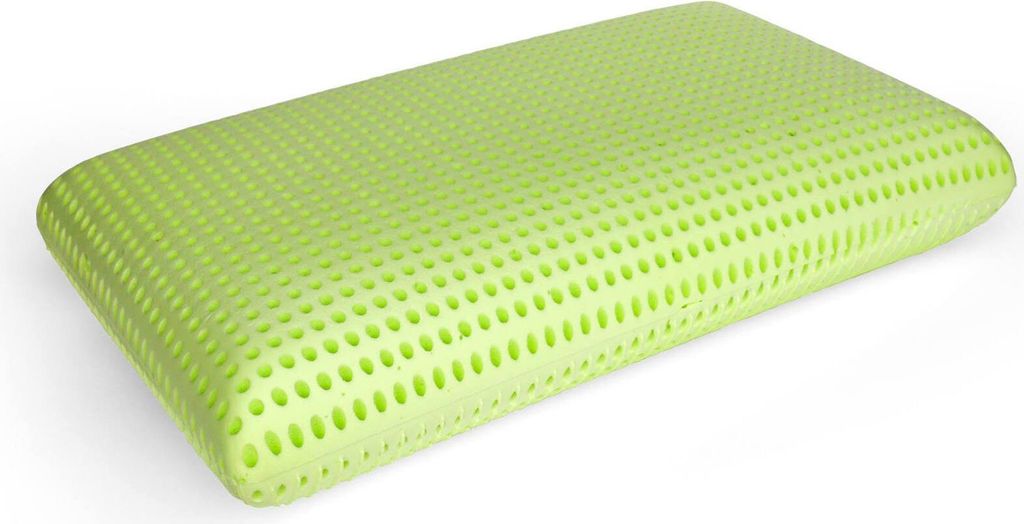 A light green pillow with a perforated surface is shown against a white background.