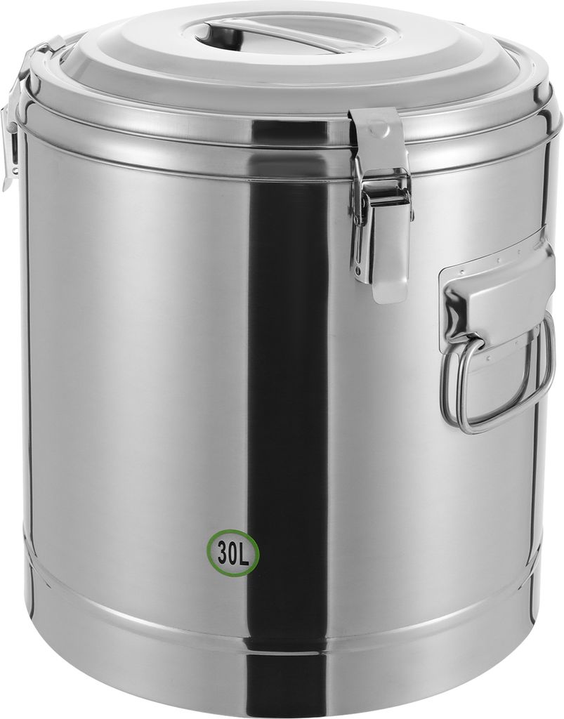 A stainless steel insulated bucket with a lid and handles.