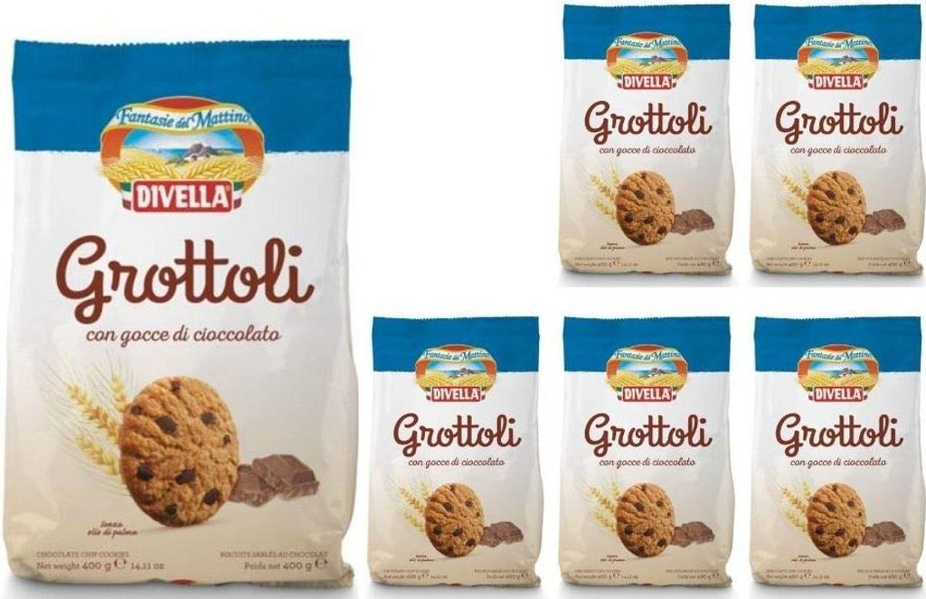 Divella Grottoli Biscotti con Gocce di Cioccolato 6 Confezioni da 400 grammi