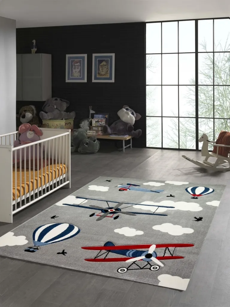 Tapis enfant Avions gris bleu et crème rond 160 cm pour chambre garçon