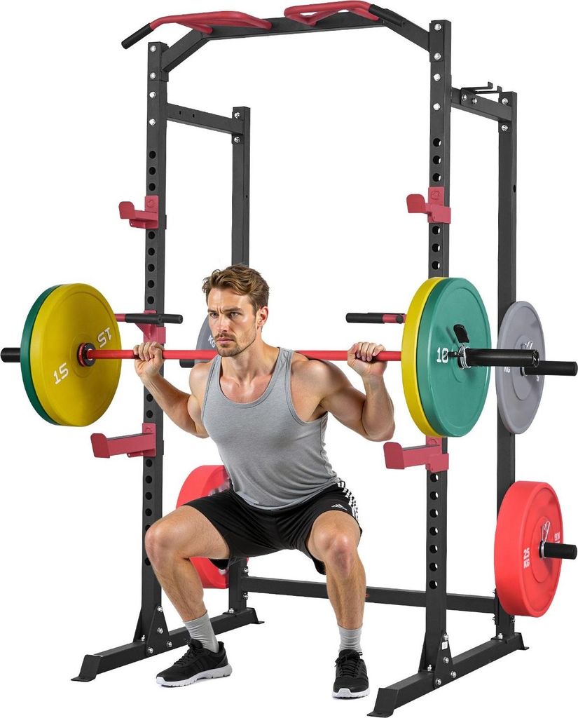 Power Cage Power Rack - Multifunktionales Squat-Rack - Verstellbare Höhe - Mit J-Haken - Klimmzugstange - Dip-Station - Für Bankdrücken - Für H...
