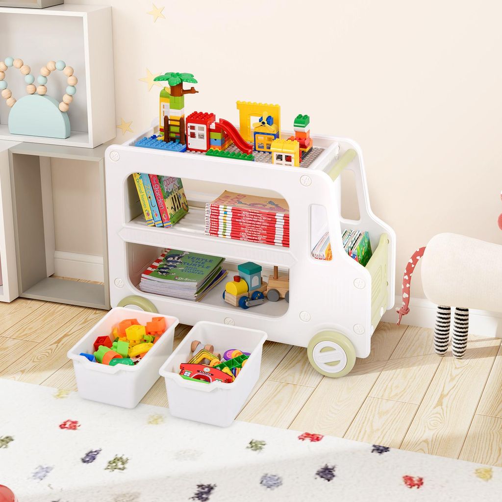 COSTWAY 73x42x56 cm Kinder Aufbewahrungsregal, autoförmiger Spielzeugregal mit 2-stöckiges Regal&2 Aufbewahrungsboxen, Kinderzimmerregal Kinderregal