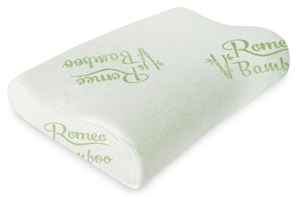 A white orthopedic pillow with green text and bamboo leaf graphics.