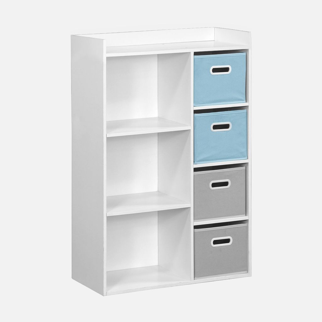 A white shelving unit with blue and gray storage boxes.