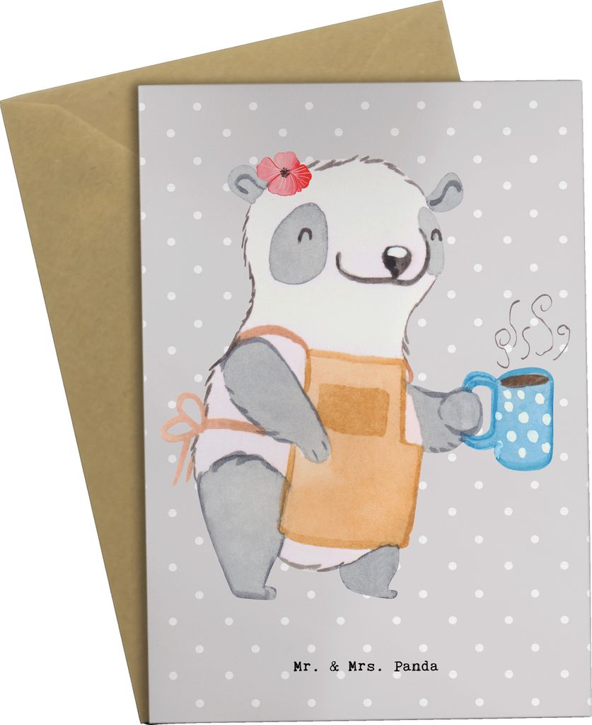 Mr. & Mrs. Panda Glückwunschkarte Barista Herz - Grau Pastell - Geschenk, Kaffee, einladungskarten, weihnachtskarten, Ausbildung, hochzeitskarten,...