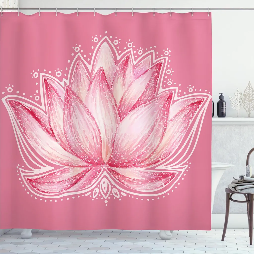 ABAKUHAUS Tenda da doccia con fiori, fiori di loto, meditazione, yoga, buddismo zen, petali di fiori, icone spirituali, stampa chakra, 175 x 180 cm, rosa confetto crema