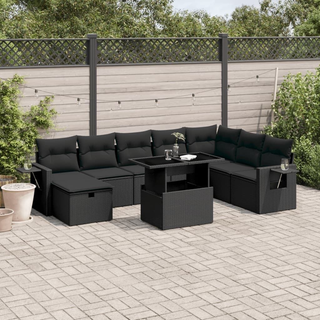 Möbel 9-tlg. Garten-Sofagarnitur mit Kissen Schwarz Poly Rattan - Gartenmöbelset 3275025