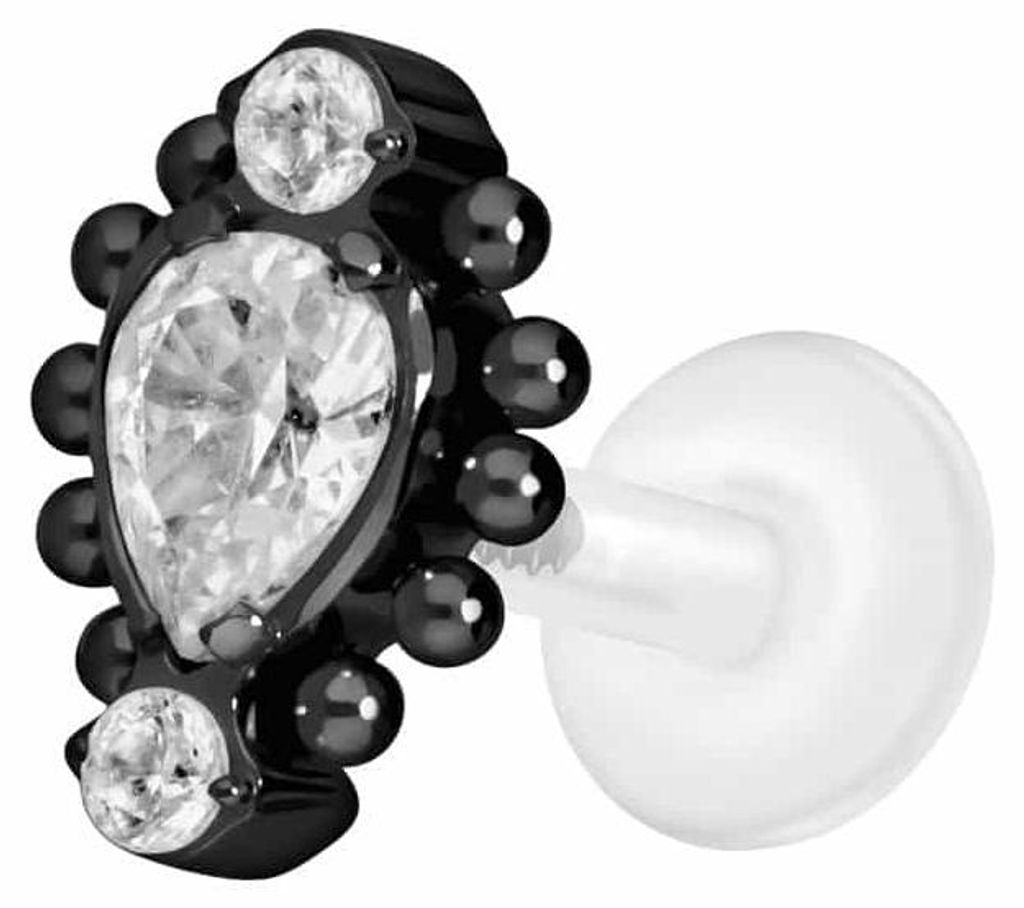 Ohrpiercing, Nasenpiercing PTFE Labret mit Innengewinde + Titan-Aufsatz 3 EINGEFASSTE KRISTALLE + KUGELN Schwarz Stablänge: 5mm | Stabstärke: 1,2mm