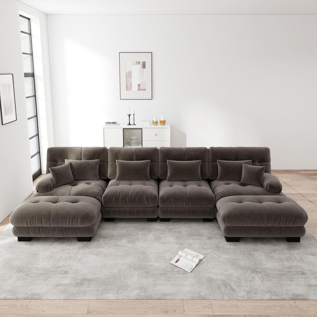 MODFU 4-Sitzer Polstersofa mit mit 2 Lendenkissen und 2 Dekokissen,U-förmiges Sofa,Loungesofa Chenille,mit 2 Ottoman,Modulares Sofa,Braun