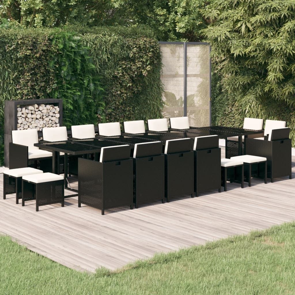 The Living Store 19-tlg. Garten-Essgruppe mit Kissen Poly Rattan Schwarz