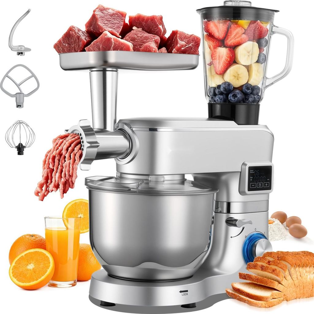 Multifunktionale Küchenmaschine - Teigknetmaschine - 1500 W - Edelstahlschüssel 5,7 L - Mixbecher 1,5 L - 6 Stufen + Pulsfunktion - Inkl. Knethak...