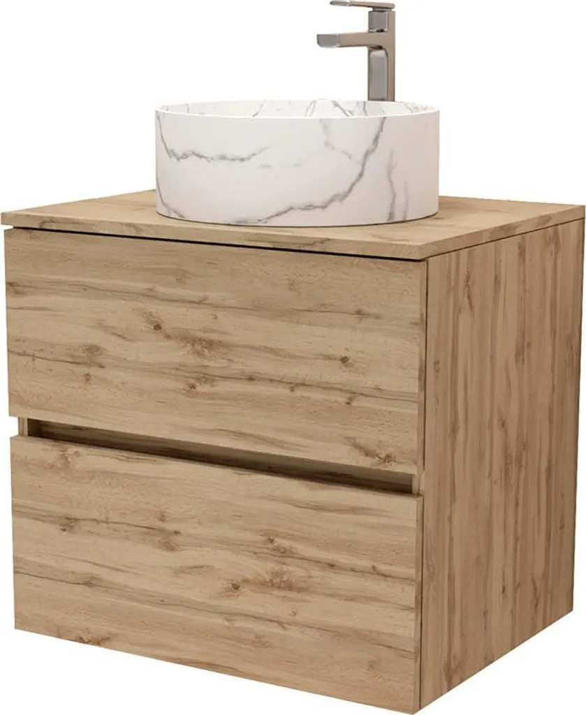 Meuble de Bain 60cm en Chêne avec Vasque Ronde Blanche Marbrée Chic