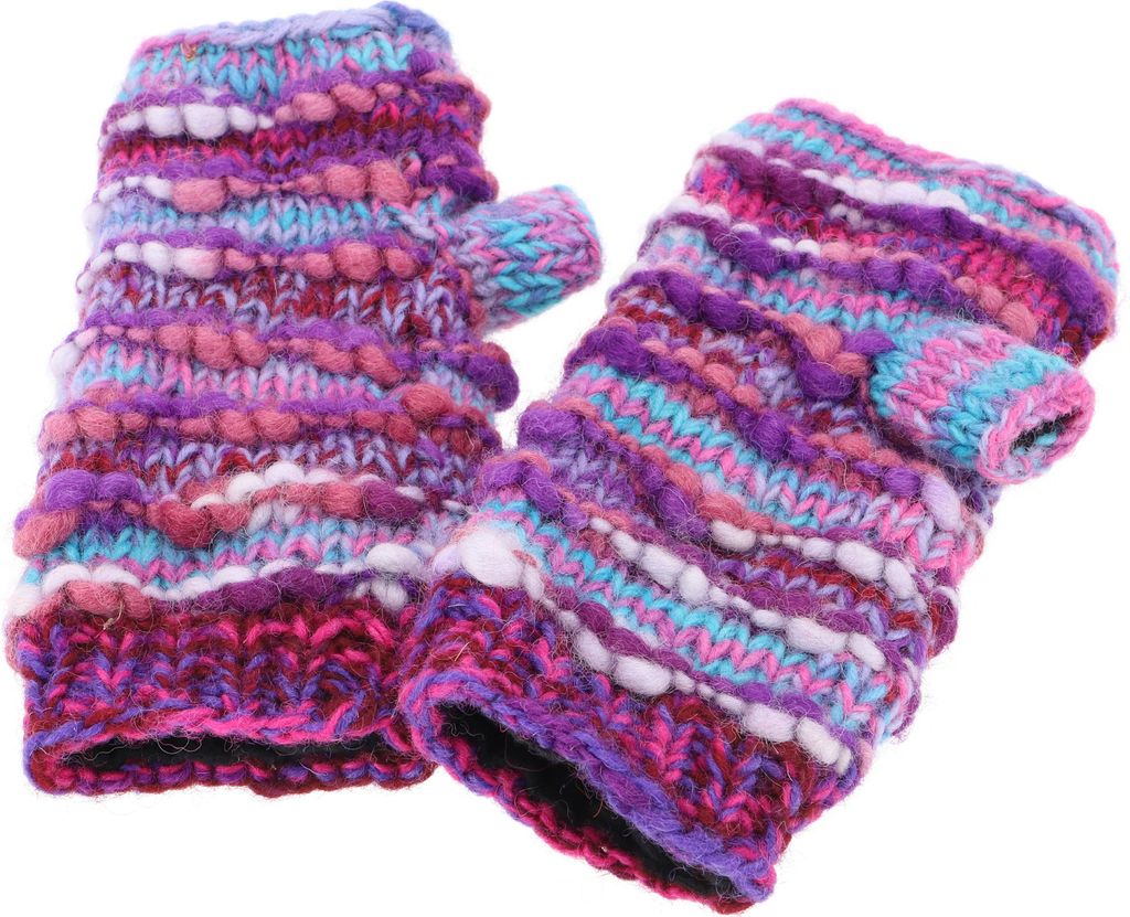 Handstulpen, Gestrickte Wollstulpen aus Nepal - Violett/türkis, Uni, Wolle, Handschuhe & Handstulpen